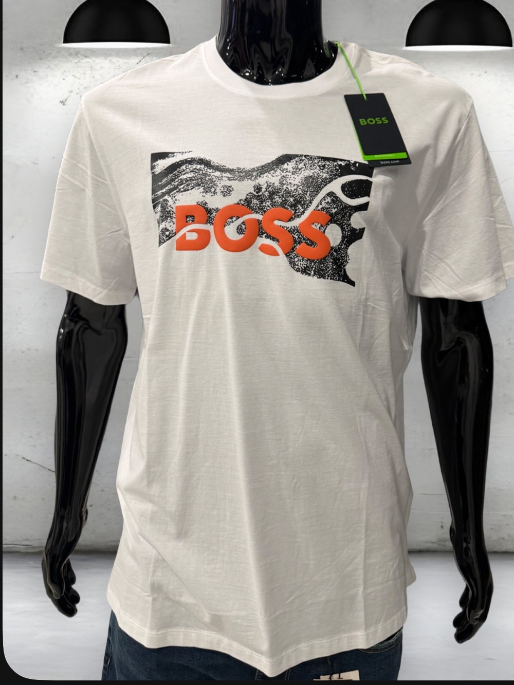 Boss White Short-Sleeve Tee with Orange Logo and Black Graphic Size XL